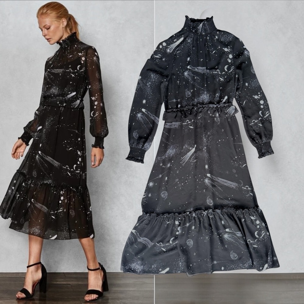 Ted Baker Midi Dress Celestial Galaxy Star Print Black Size 1